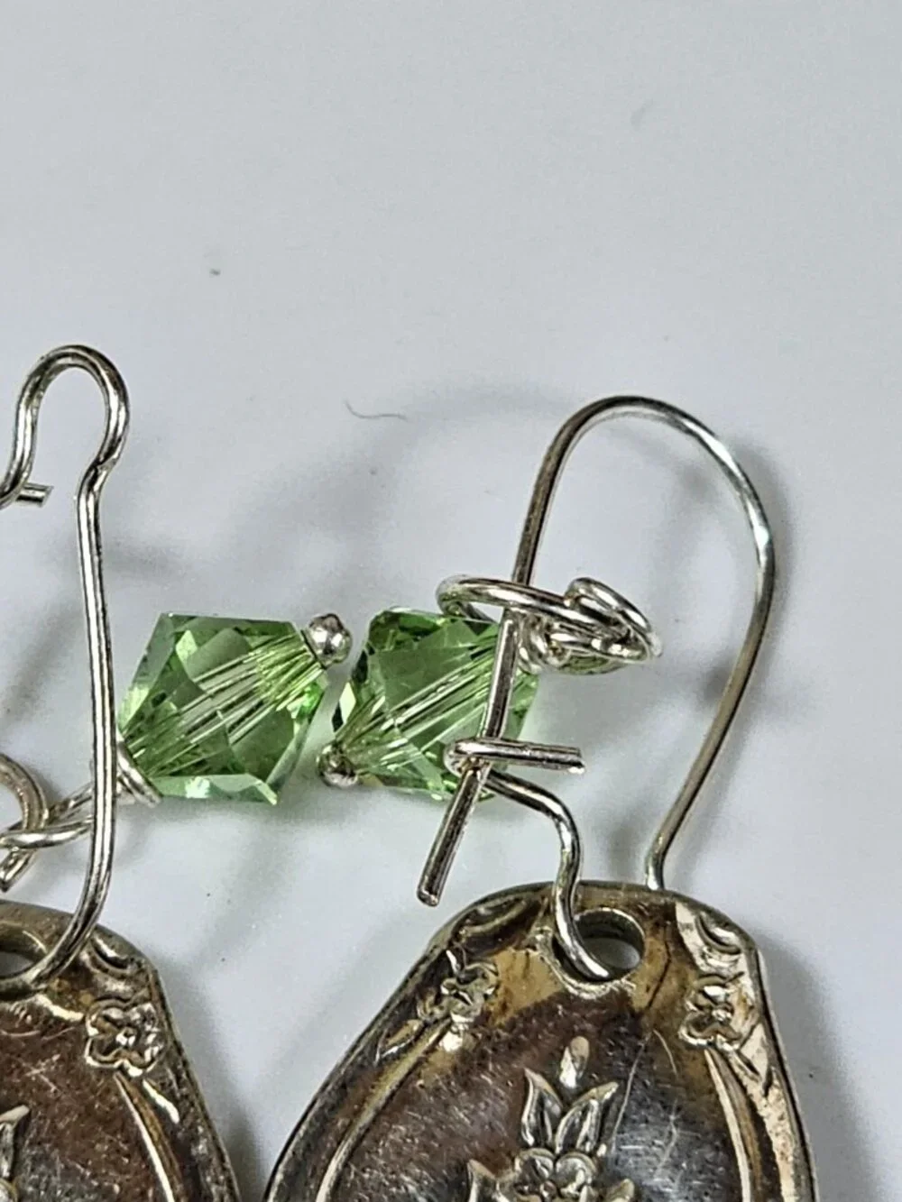 Silver Floral Spoon Handle Earrings with Green Crystal Beads Dangle Drop VTG - Picture 6 of 8